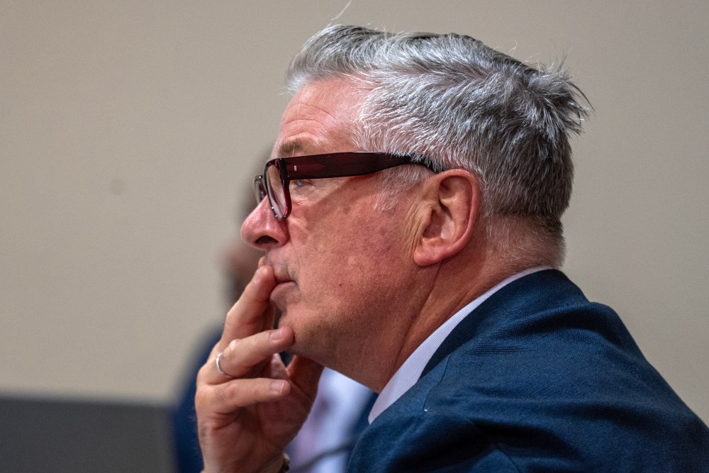 Actor and producer Alec Baldwin sits in First District Court during the second day of testimony in the trial against him, in Santa Fe, N.M. Thursday, July 11, 2024. Baldwin is on trial for the charge of involuntary manslaughter related to the death of cinematographer Halyna Hutchins during the filming of the movie Rust in 2021.