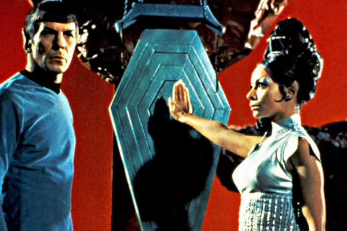 STAR TREK, 1966-69, Leonard Nimoy (as Spock) & Arlene Martel (as his bride, T'Pring), in episode #34, "Amok Time," 9/15/67.