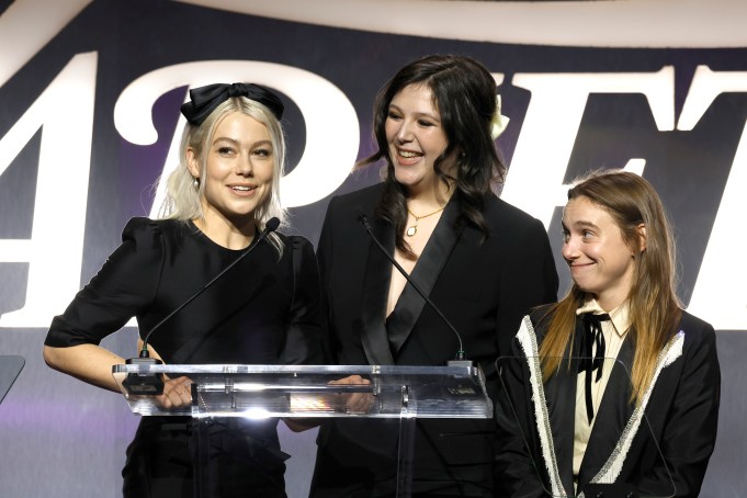 HOLLYWOOD, CALIFORNIA - DECEMBER 02: (L-R) Phoebe Bridgers, Lucy Dacus and Julien Baker of boygenius accept the Group of the Year award onstage during Variety's Hitmakers presented by Sony Audio on December 02, 2023 in Hollywood, California. (Photo by Frazer Harrison/Variety via Getty Images)