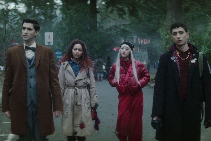 DEAD BOY DETECTIVES. (L to R) George Rexstrew as Edwin Payne, Kassius Nelson as Crystal Palace, Yuyu Kitamura as Niko Sasaki, and Jayden Revri as Charles Rowland in episode 4 of DEAD BOY DETECTIVES. Cr. Courtesy of Netflix © 2023