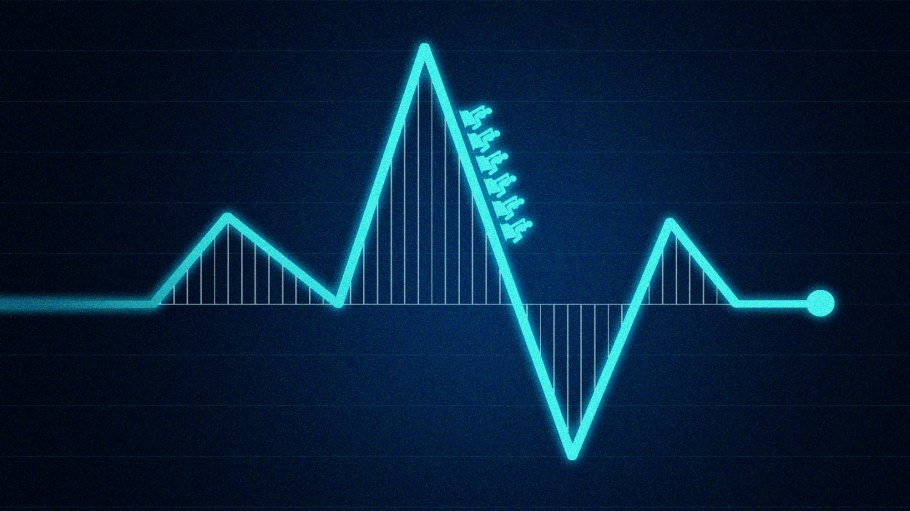 A rollercoaster moving down a line chart