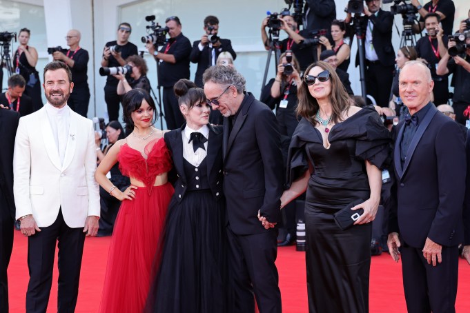 VENICE, ITALY - AUGUST 28: (L-R) Justin Theroux, Jenna Ortega, Winona Ryder, Tim Burton, Monica Bellucci and Michael Keaton attend  attends a red carpet for the movie "Beetlejuice Beetlejuice" during the 81st Venice International Film Festival at  on August 28, 2024 in Venice, Italy. (Photo by Andreas Rentz/Getty Images)