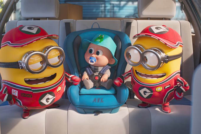 DESPICABLE ME 4, Minions (left and right, voice: Pierre Coffin), with Gru Jr., 2024. © Universal Pictures /Courtesy Everett Collection