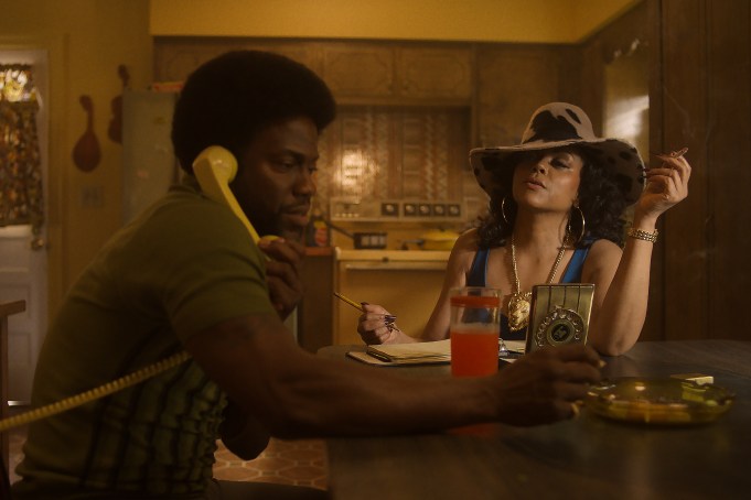 FIGHT NIGHT: THE MILLION DOLLAR HEIST -- Episode 101 --  Pictured: (l-r) Kevin Hart as Gordon "Chicken Man" Williams, Taraji P. Henson as Vivian Thomas  -- (Photo by: Parrish Lewis/PEACOCK)